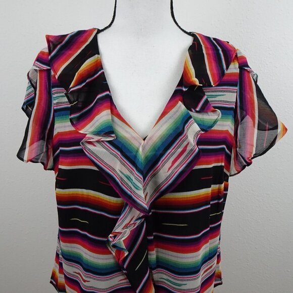 Ralph Lauren Ruffled Blouse Top Women's Size M Black Striped Flutter Sleeve - Picture 2 of 9